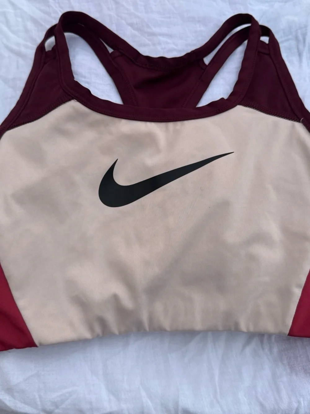 Nike Women’s Maroon and Cream Racerback Sports Bra with Black Swoosh